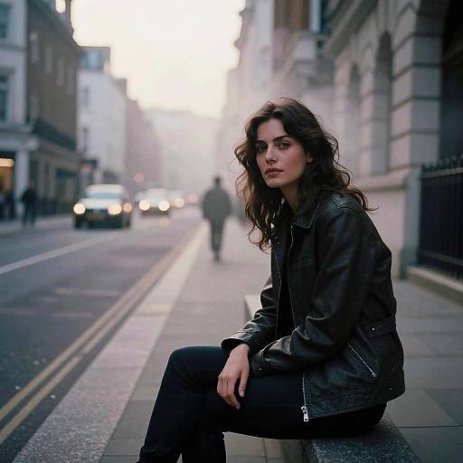 Photograph of a young woman with wavy brown hair, wearing a black leather jacket and black pants, sitting on a city sidewalk at dusk, with