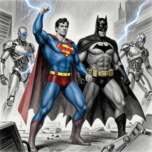 Comic-style drawing of Superman and Batman standing back-to-back, flexing muscles, with robotic warriors in the background, lightning flashing.