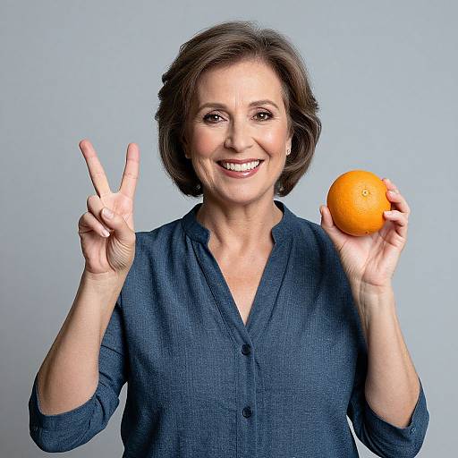 Photograph of a smiling middle-aged woman with short brown hair, wearing a blue button-up shirt, holding an orange in her right hand and making a