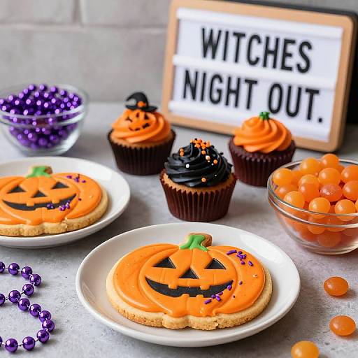 Photograph of Halloween-themed dessert table with orange pumpkin-shaped cookies, black-frosted cupcakes, purple candies, and 