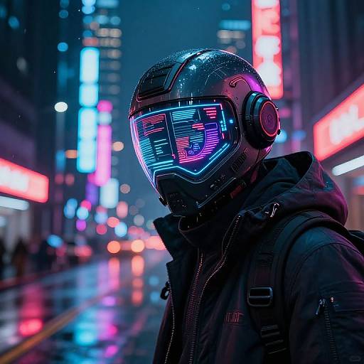 Cyberpunk street scene photograph: Neon-lit cityscape, rainy night, man in black hoodie, futuristic helmet with glowing blue and pink digital display