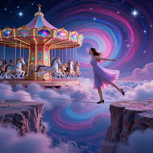 Woman Balancing on Wire Near Magical Carousel in Dreamscape