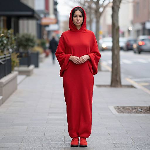 Photograph of a woman with dark hair in a red hooded, floor-length robe and matching red shoes, standing on a city sidewalk with blurred background