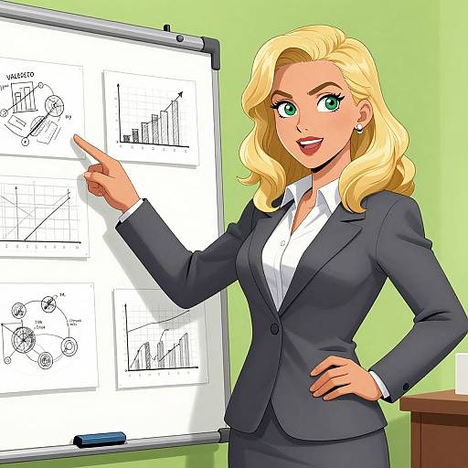 Digital illustration of a blonde woman with green eyes, in a black suit, pointing at a whiteboard with bar charts and diagrams.