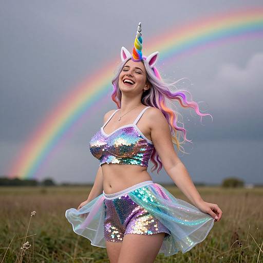 Photograph of a smiling woman with long pink-purple hair, wearing a unicorn horn headband, sequined crop top, and skirt, standing in a