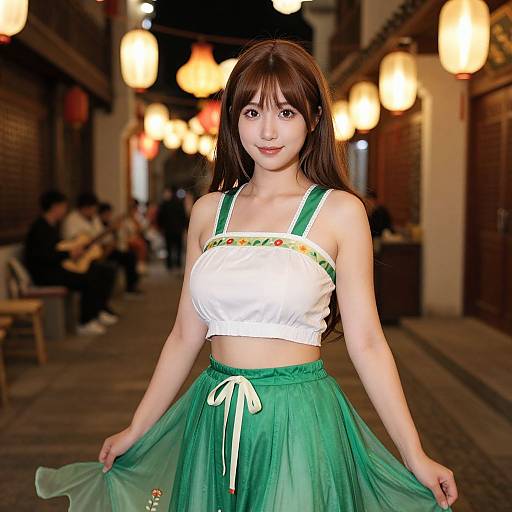 Photograph of an Asian woman with long brown hair, wearing a white crop top and green tulle skirt, standing in a dimly lit, lantern