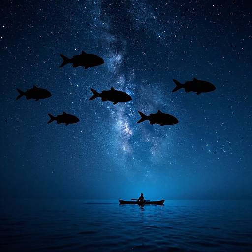 Silhouetted fish swim above a lone kayaker in a starry, galaxy-filled night sky over calm ocean waters. Digital art.