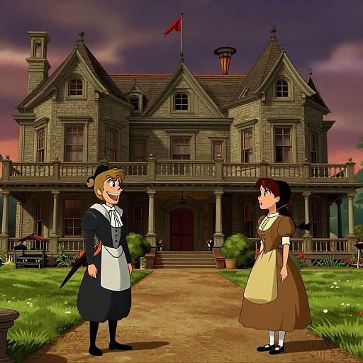 Digital anime-style drawing of two women in vintage maid outfits standing in front of a Gothic-style mansion with a flagpole.