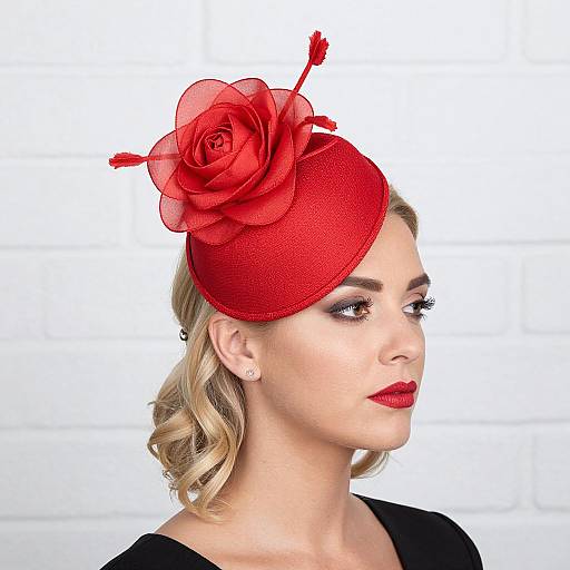 Photograph of a blonde woman with curled hair, wearing a vivid red fascinator with a large rose and feather accents, black dress, and red lipstick
