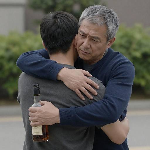 Two Men Embracing Outdoors Holding Bottle