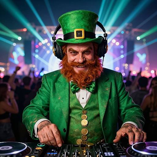 Photograph of a bearded, red-haired man in a green top hat, green suit, and bow tie, DJing with headphones, in a