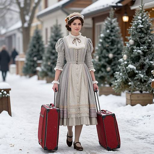Photograph of a Victorian-style woman in a gray and white striped dress, black shoes, and flowered headpiece, holding two red suitcases,