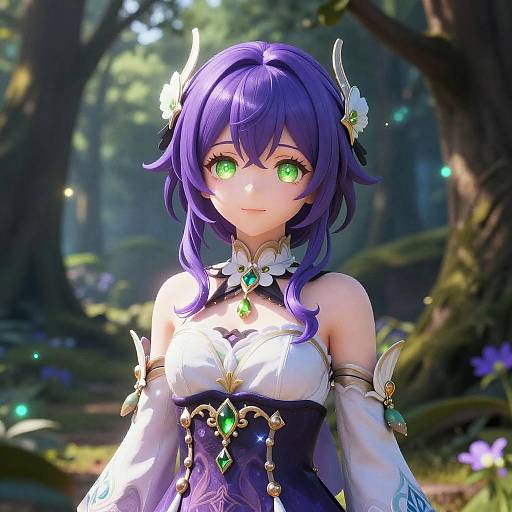 Anime Girl with Green Eyes in Magical Forest