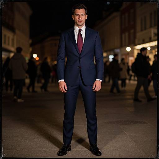 Photograph of a handsome man in a dark navy suit, white shirt, and red tie, standing confidently in a dimly lit, bustling city street