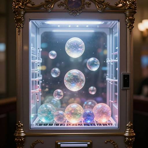 Photograph of an ornate, illuminated glass cabinet displaying colorful, glowing bubbles in mid-air, with a dark, blurred background.