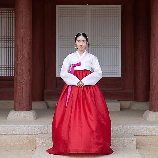 Photograph of a Korean woman in traditional hanbok, white blouse, and red skirt, standing in front of a wooden building.
