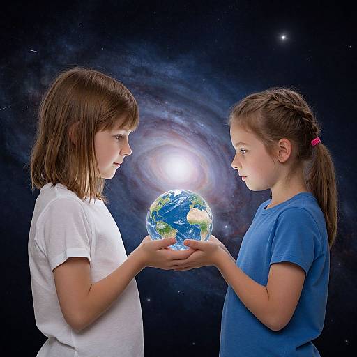 Photograph of two young girls with brown hair, in white and blue shirts, holding a glowing Earth against a cosmic background.