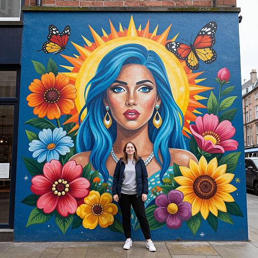 Photograph of a woman standing in front of vibrant graffiti mural featuring a blue-haired woman with sun halo, colorful flowers, and butterflies. Urban street background