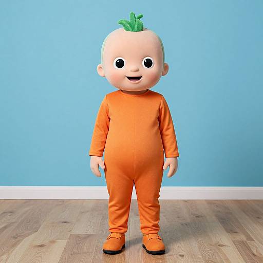 Photograph of a bald, cartoon-styled baby doll with a green mohawk, wearing an orange onesie and matching shoes, standing on wooden flooring