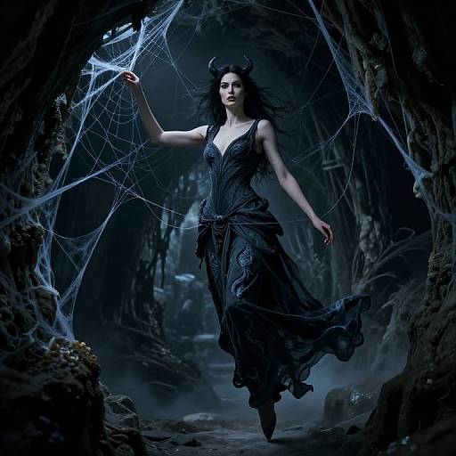 Photograph of a dark-haired woman in a flowing black gown, holding a web, standing in a spooky, cave-like setting with glowing webs.