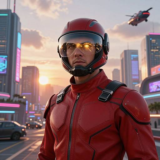 Futuristic Hero in Neon Cityscape