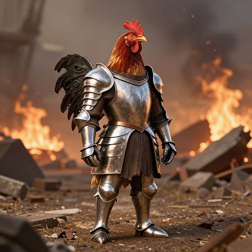 Photorealistic CGI of a rooster in shiny medieval armor standing in a fiery, war-torn battlefield, with debris and burning ruins in the background