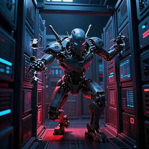 Cybernetic humanoid robot with glowing blue and red lights, crouching in a neon-lit server room, surrounded by open racks. CGI