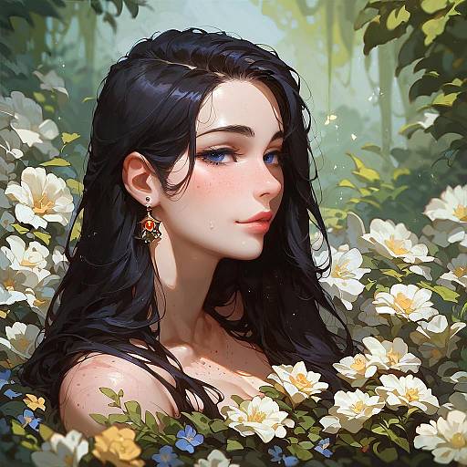 Freckled Flower Goddess with Black Hair