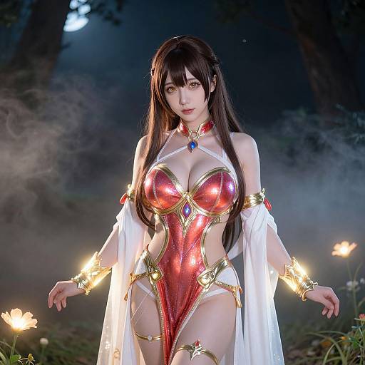 Digital art of a beautiful Asian woman in a red and gold fantasy armor, long black hair, white cape, moonlit forest.