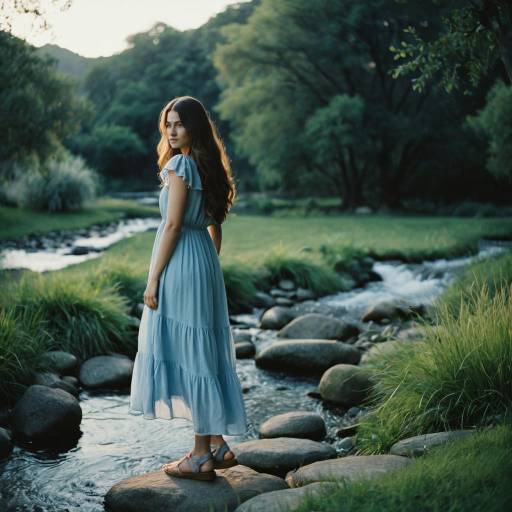 Young Woman Standing by Stream in Garden at Dusk