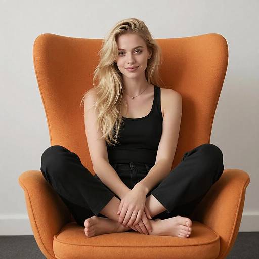 Young Woman in Modern Orange Chair