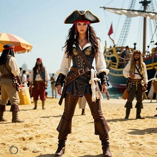 Digital painting of a fierce pirate woman with long black hair, red headband, white shirt, black corset, and brown pants, standing on a