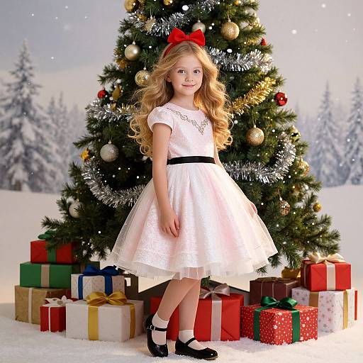 Young Girl by Vibrant Christmas Tree