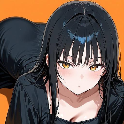 Girl in Black Dress Against Orange Background