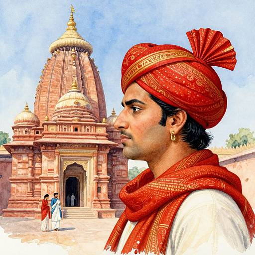Photorealistic digital painting of a South Asian man in a red turban and scarf, standing in front of a detailed Hindu temple with multiple domes