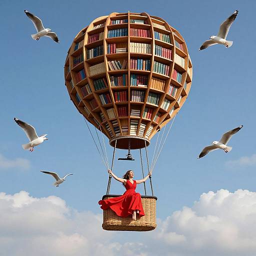 Photograph of a woman in a red dress, basket filled with books, floating in a book-shaped hot air balloon, surrounded by seagulls,