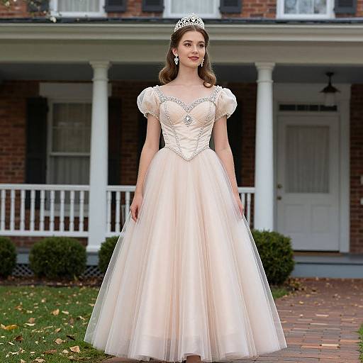 Photograph of a fair-skinned woman with brown hair, wearing a white, full-skirted ball gown with puffed sleeves, tiara,