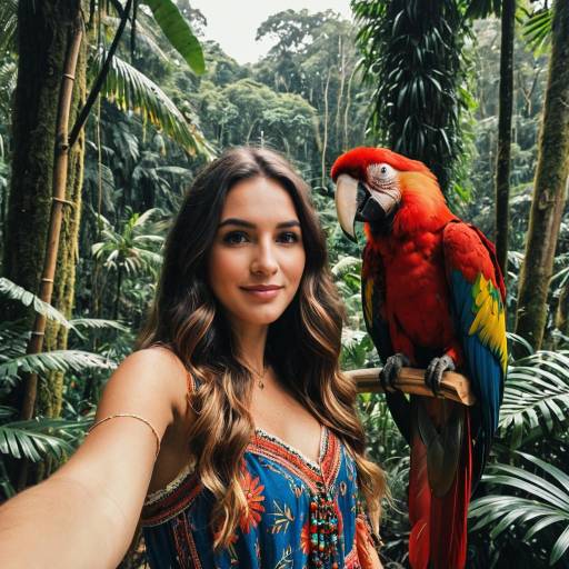 Woman with Red Macaw in Rainforest