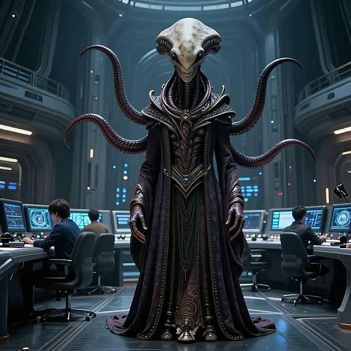 Digital art: A sinister, skull-headed creature with dark, tentacle-like appendages stands in a futuristic control room, surrounded by scientists working on glowing
