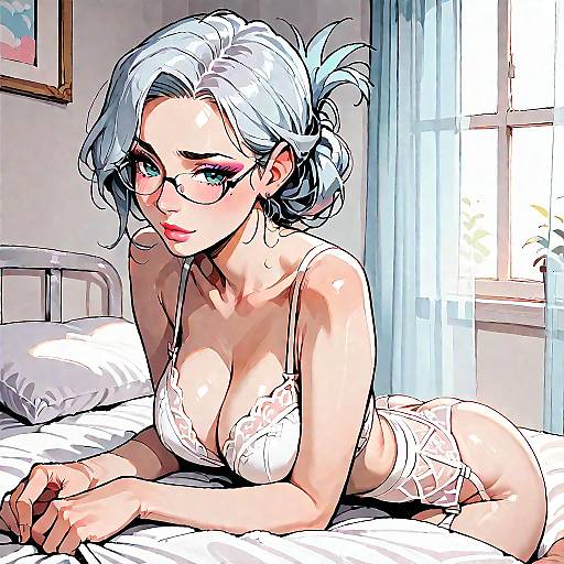 Lingerie Beauty with Glasses on Bed