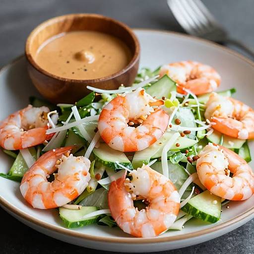 Photograph of a plate with shrimp, cucumber slices, and shredded carrots, topped with black pepper, accompanied by a small wooden bowl of orange dipping sauce