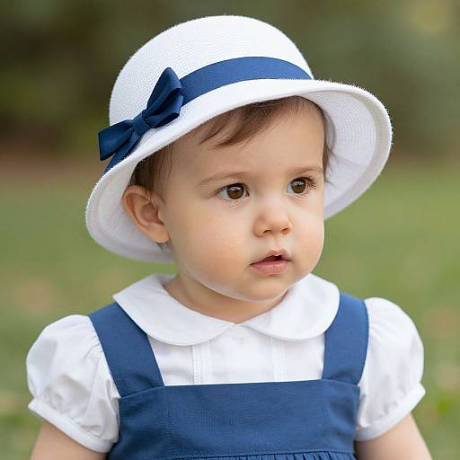 Photograph of a young girl with fair skin, brown eyes, wearing a white sunhat with a navy bow, white shirt, and navy pina