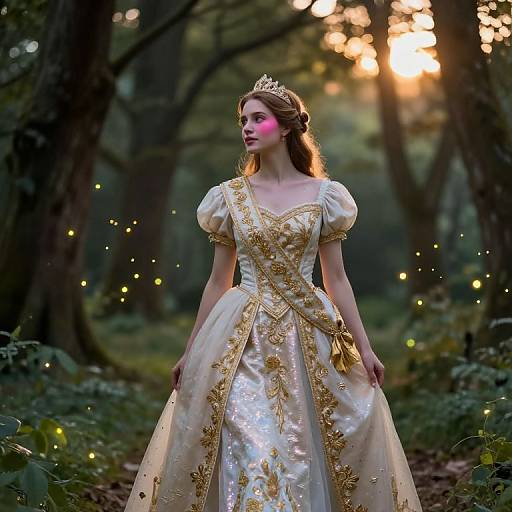 Photograph of a fair-skinned, brown-haired princess in a shimmering white and gold gown with puffed sleeves, tiara, and forest background