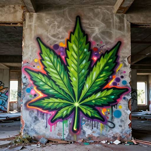 Vibrant, graffiti-style green marijuana leaf with black outline and colorful splatters on a weathered, concrete pillar in a dilapidated, sun
