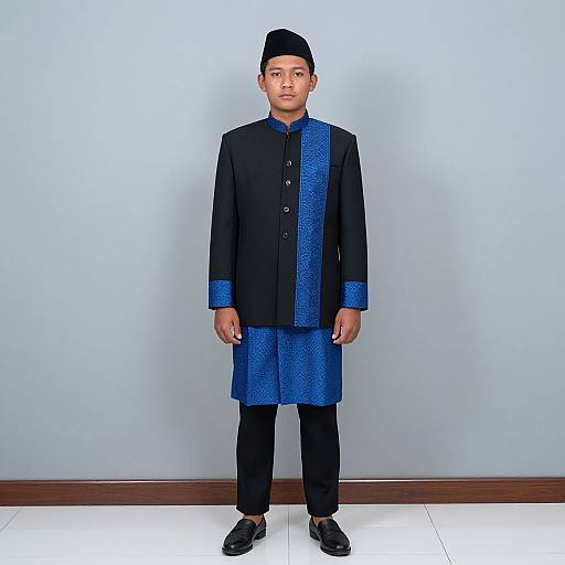 Photograph of a young Asian man in traditional black and blue batik Baju Melayu, black cap, standing against a plain light blue wall