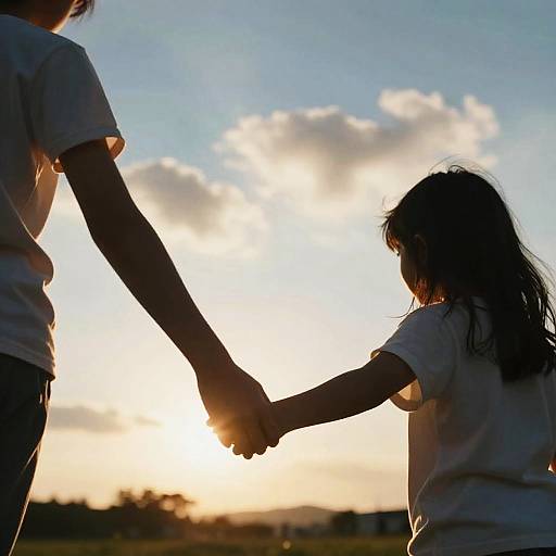 Sunset Silhouette Children Holding Hands
