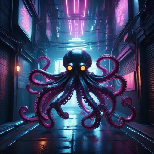 Neon Mechanical Octopus in Cyberpunk Alley Neon Mechanical Octopus in Cyberpunk Alley