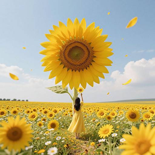 Photograph of a single sunflower with a yellow dress hanging from its stem, surrounded by a vast field of sunflowers under a bright blue sky with