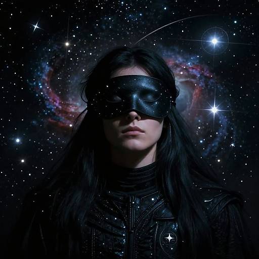 Photograph of a mysterious woman with long black hair, wearing a black blindfold, against a starry, cosmic nebula background.