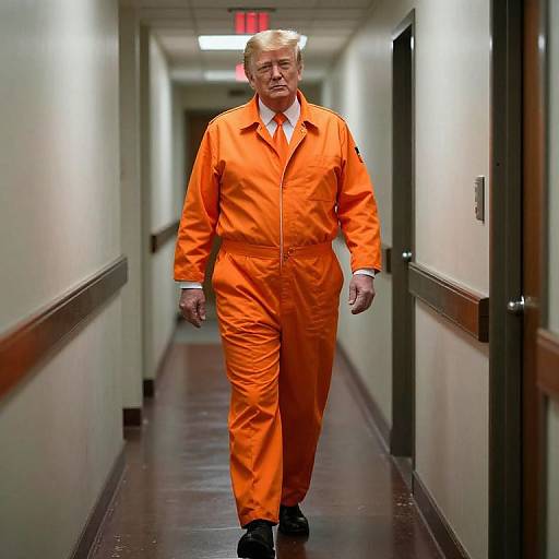Photograph of an older man with pale skin and blond hair, wearing an orange prison jumpsuit and white shirt, walking down a brightly lit, narrow